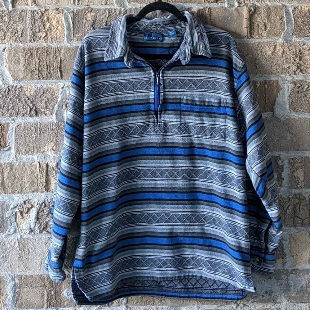 Vintage 90s Blueprint Tribal Aztec Stripe Pullover Shacket Shirt Large